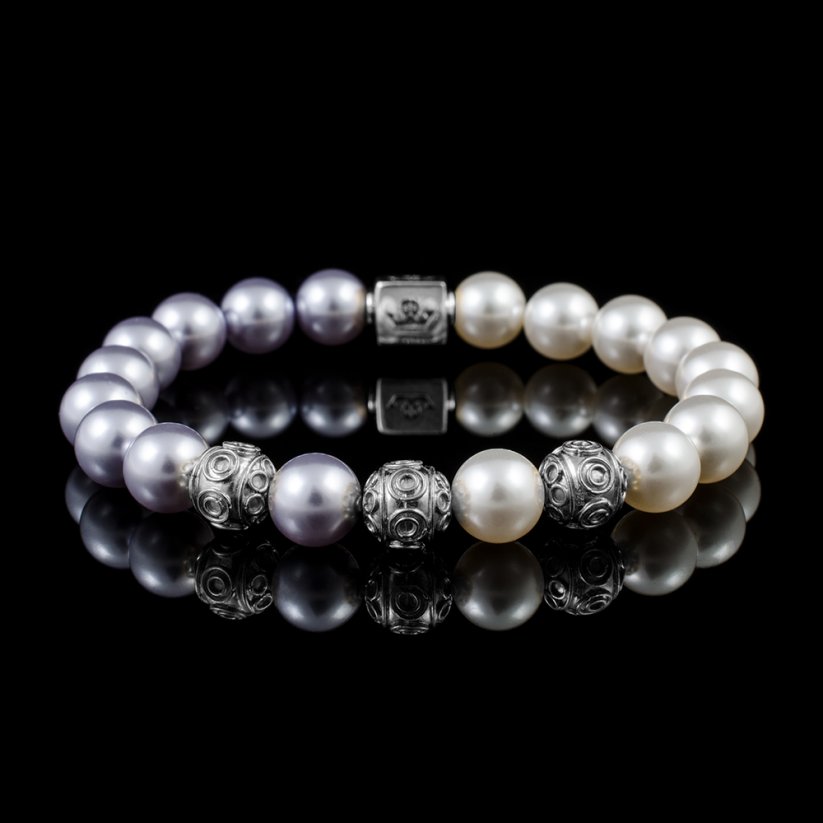 Fomal | dámský náramek z perel Swarovski Lavender&White (8mm) + Stříbro - VYBERTE VELIKOST (obvod zápěstí): XL (19 - 20 cm)