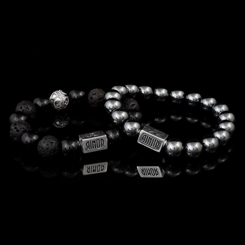 Sada náramků Onyx+Láva (12mm) a Hematit (10mm) + Stříbro - RINOR Premium - VYBERTE VELIKOST (obvod zápěstí): M (16 - 17 cm)