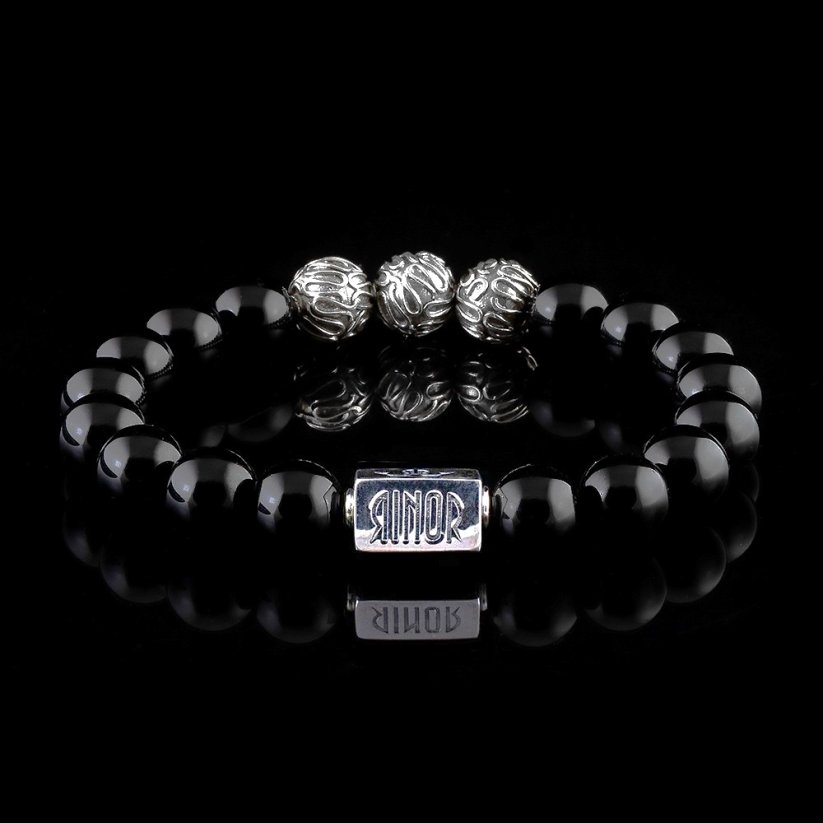 Pánský náramek Obsidián (10mm) + Stříbro - Classic Triple