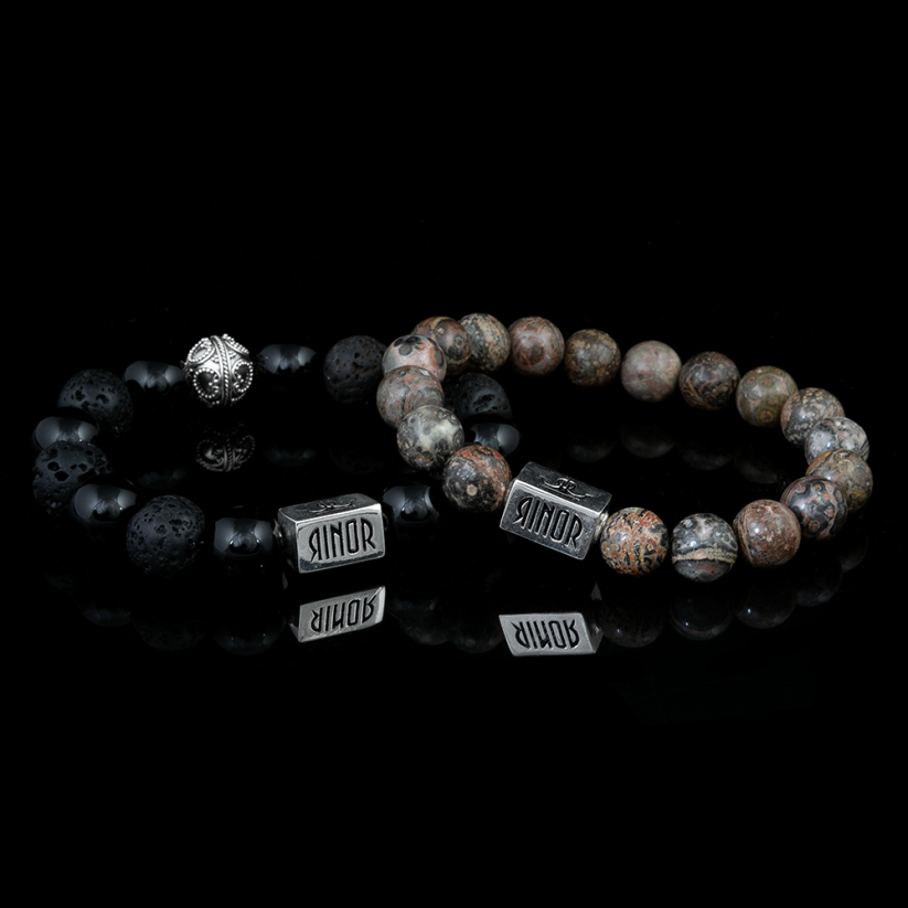 Sada náramků Onyx+Láva (12mm) a Jaspis (10mm) + Stříbro - RINOR Premium - VYBERTE VELIKOST (obvod zápěstí): L (17,5 - 18,5 cm)