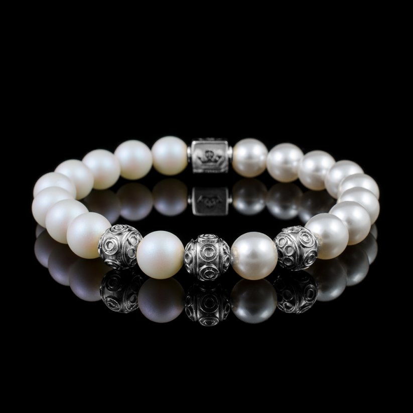 Sadira | dámský náramek z perel Swarovski Whitepearl&White (8mm) + Stříbro - VYBERTE VELIKOST (obvod zápěstí): L (17,5 - 18,5 cm)